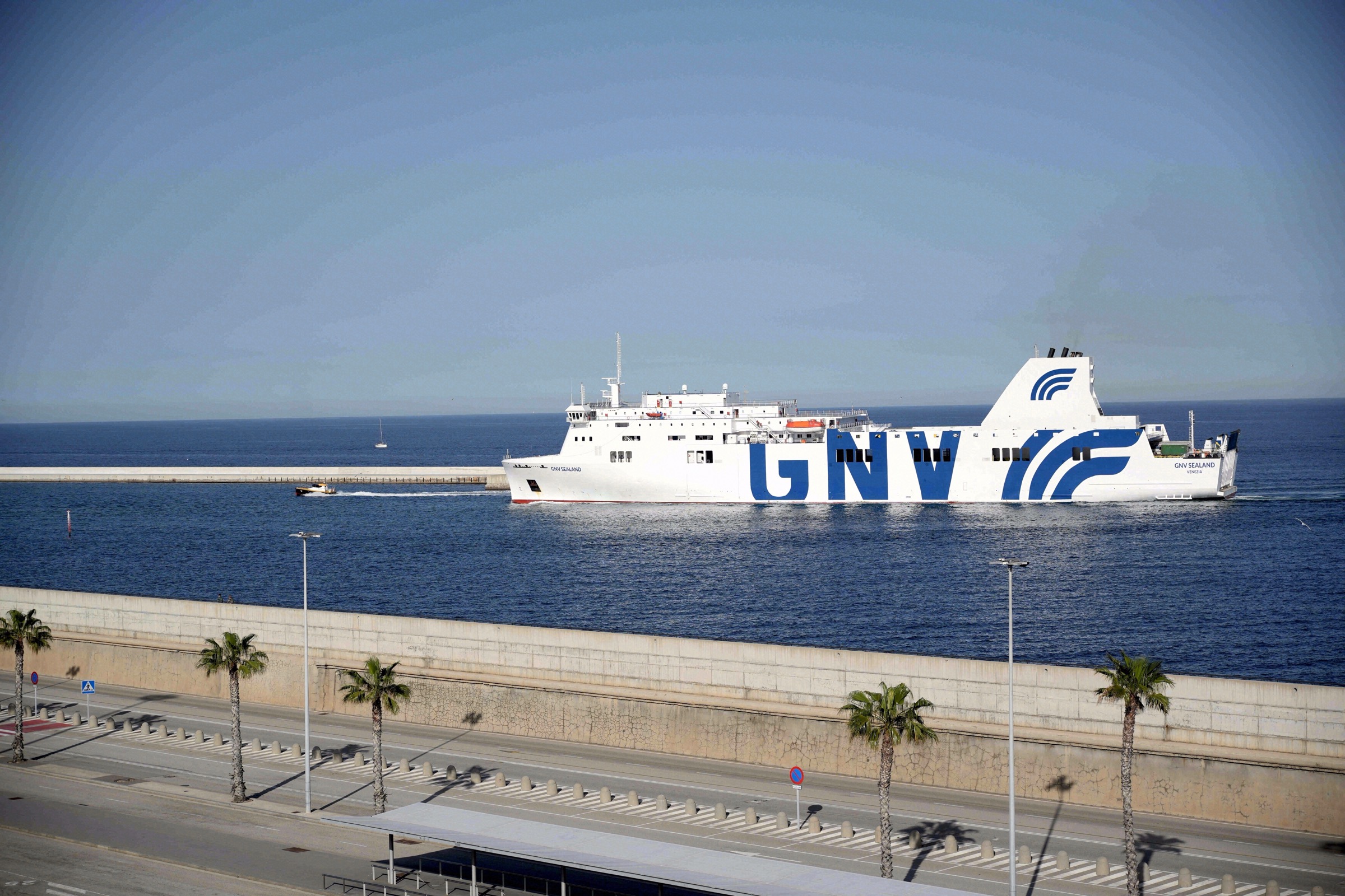 The ferry GNV Sealand departs the port of Barcelona onto the Mediterranean